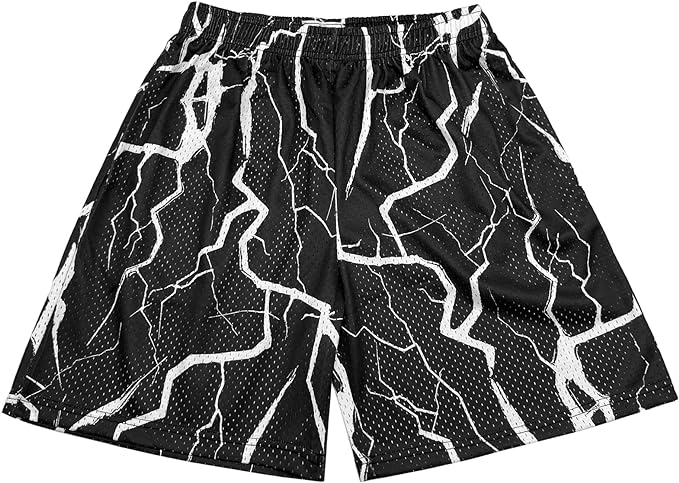 Mens Graphic Print Shorts Cool Mesh Basketball Shorts Casual Flat Front Shorts Summer Drawstring
