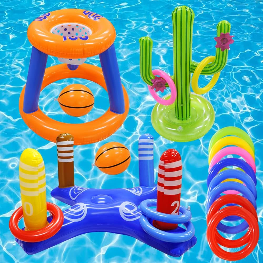 Pool Toys Games Set,Pool Basketball Hoop Inflatable Cross Ring Toss Game and Inflatable Cactus Ring Toss Kids Pool Toys for Teens Adults and Family