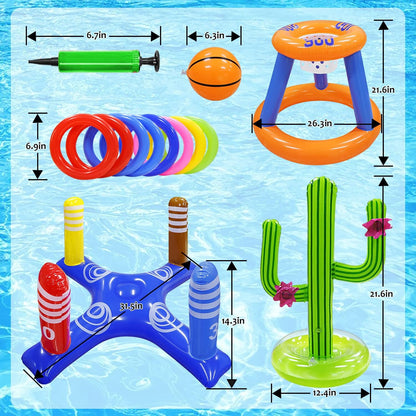 Pool Toys Games Set,Pool Basketball Hoop Inflatable Cross Ring Toss Game and Inflatable Cactus Ring Toss Kids Pool Toys for Teens Adults and Family